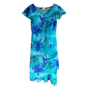 Vintage 90s  Women's Knee Length Chiffon Layered V-Neck Dress Floral Blue Size 6